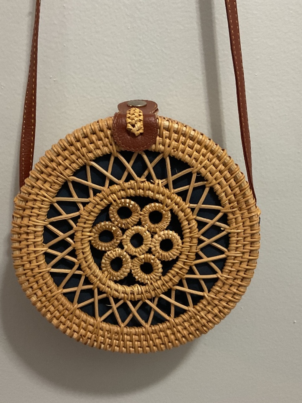 Handwoven Rattan Crossbody Bag w Leather Shoulder Strap/Navy Blue Fabric Lining